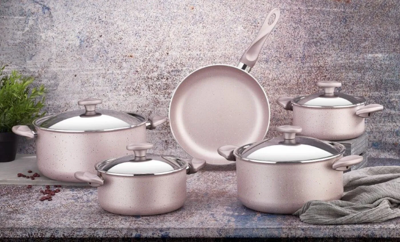 Rosetta blush pink granite cookware set - casseroles, fry pan with glass lids